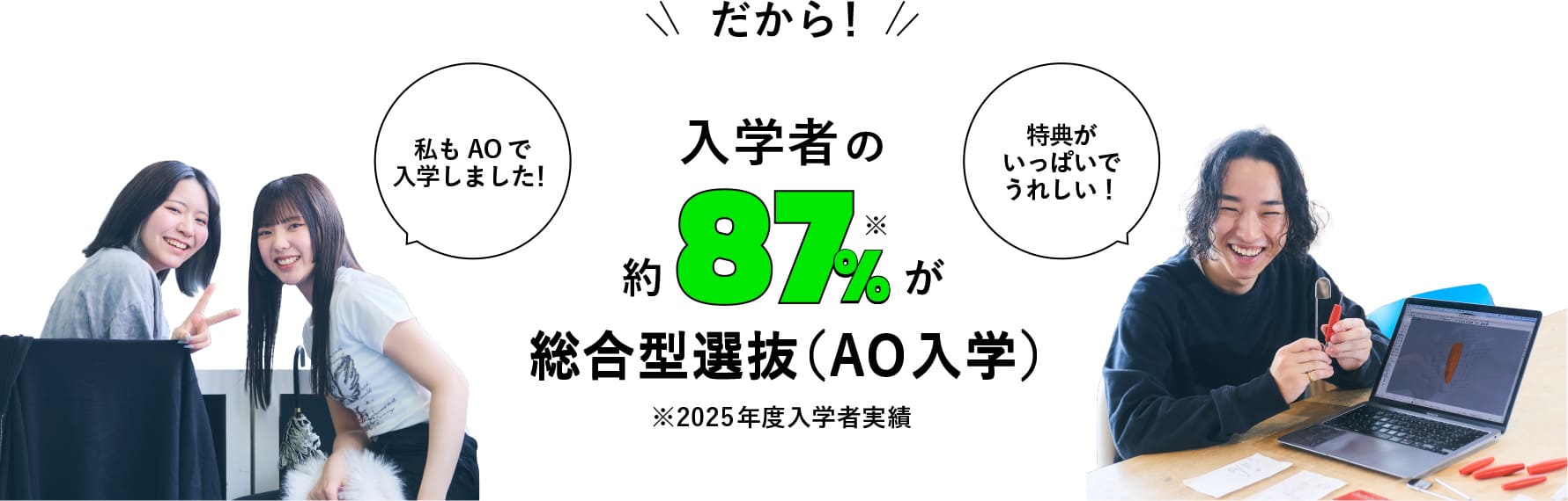 だから！入学者の約87％が総合型選抜（AO入学）